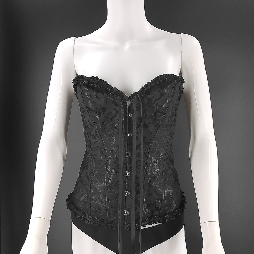 Black Shein Corset Top Ruffle Trim Lace Up Back Gothic Burlesque S